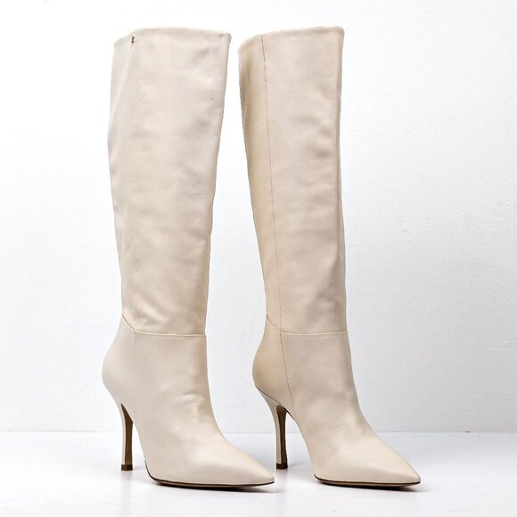 Larroude Women Kate Ivory Leather Pointy Slip-on Dress Knee Boots size 7.5